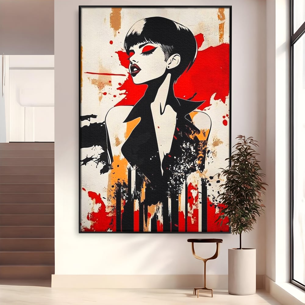 Tablou canvas cu tablou canvas cu portret de femeie stilizat, in rama de aluminiu negru